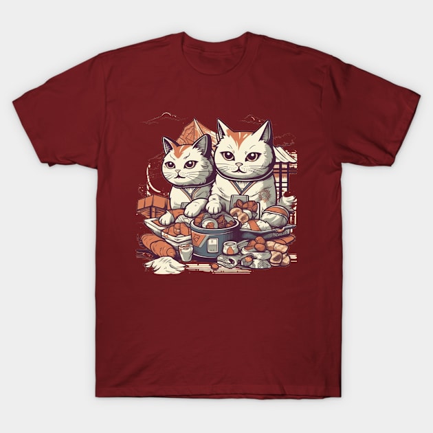 Comic cats eat sweet pastries T-Shirt by Unelmoija